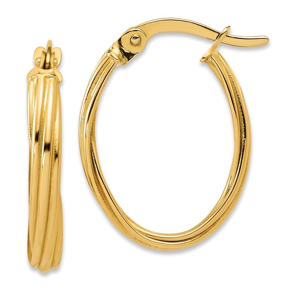 14k Yellow Gold Polished and Grooved Twist Oval Hoop Earrings